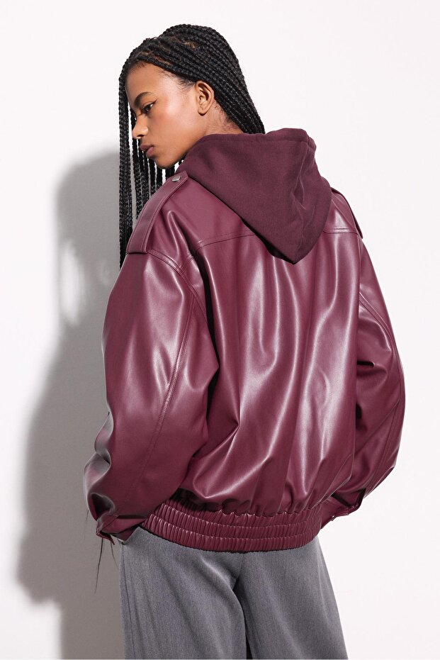 Oversize suni deri biker ceket - 5