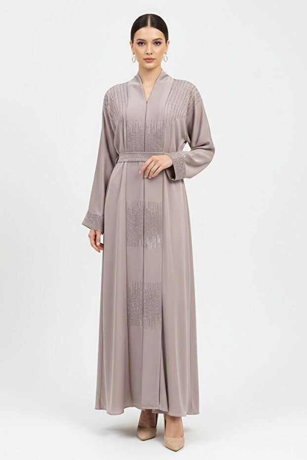 Light Pink Women's Abaya With Shimmering Rhinestone Embroidery Wide Sleeves Buttons Front Abaya