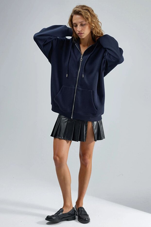 BUSEM Kapüşonlu Oversize Fermuarlı Ceket - 4