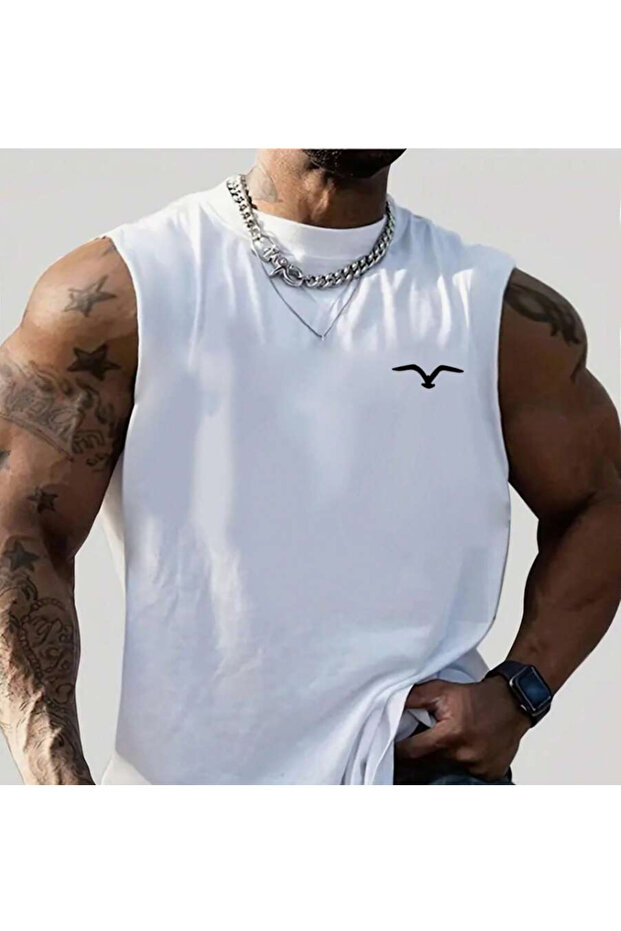 White Printed Training Athlete Oversize Sleeveless T-Shirt