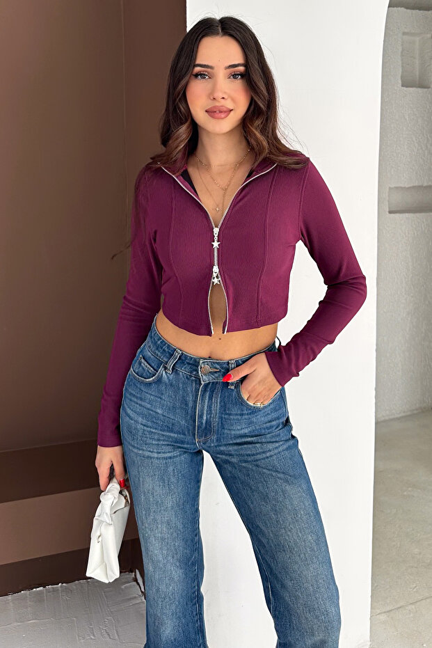 Women's Double Zipper Ribbed Blouse – Burgundy Star