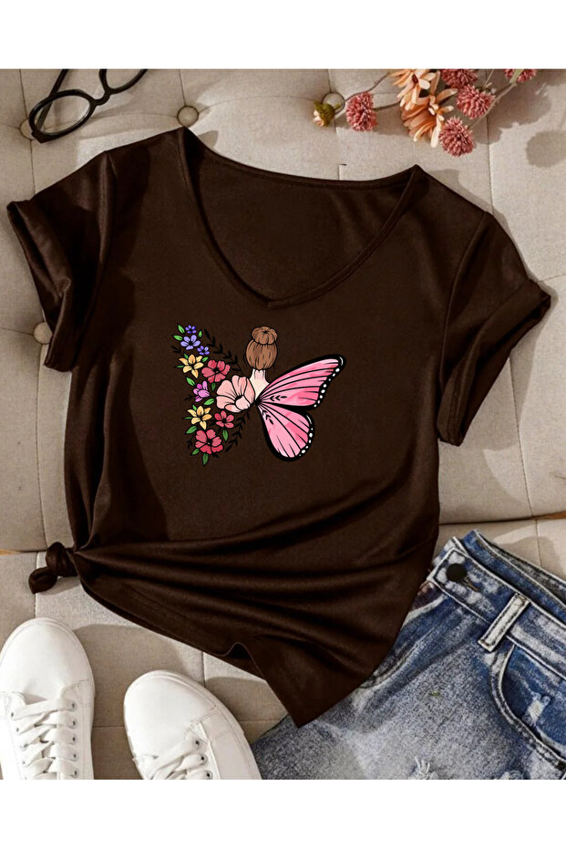 Butterfly Printed V-Neck Short Sleeves Cotton Combed Women's Tshirt