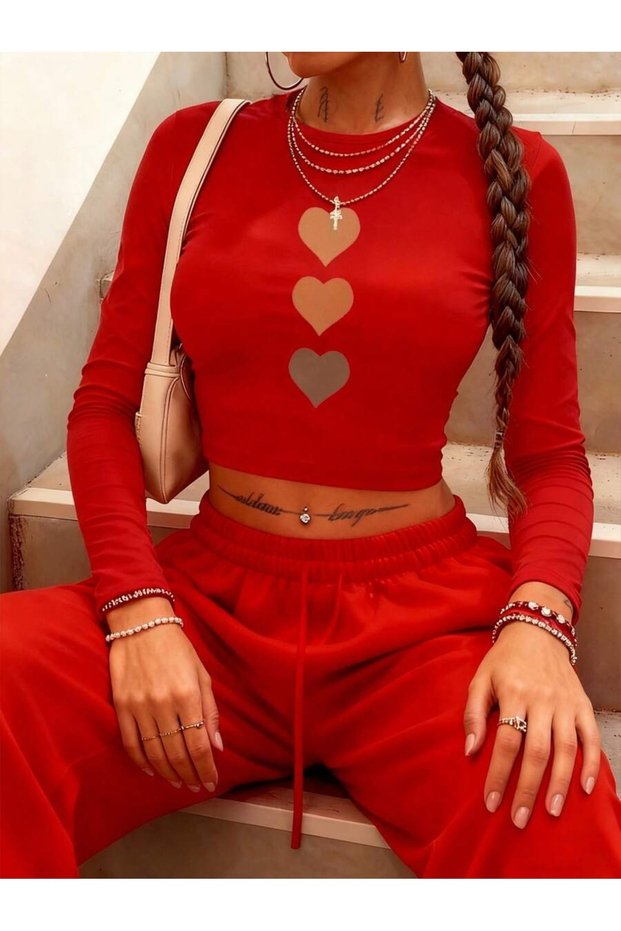 Women's Red Heart Printed Long Sleeve Crew Neck Combed Cotton Bodysuit