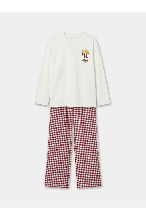 Ecru Crew Neck Printed Girls' Pajama Set