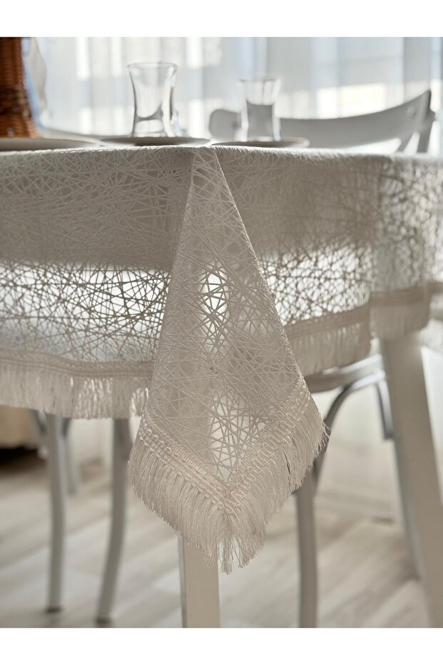 Tablecloth Plastic White Dobby Dense Woven Effect – Shiny Dense Fringed – Multi-Dimensional