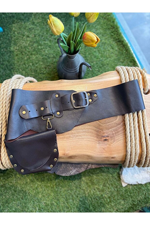Godric Bitter Brown Handmade Genuine Leather Bohemian Corset Belt with Pockets Two