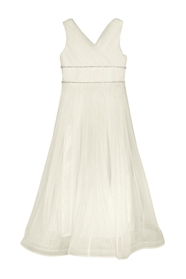 Beli Stone-Embellished Feathered Evening Dress for 6-14 Years - Ecru