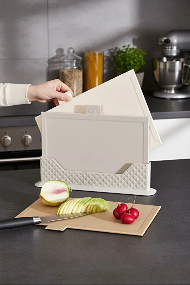 4-Piece Cutting Board Set with Stand - Multi-Purpose Chopping Board Bread Vegetable Meat Cutting Board /Beige
