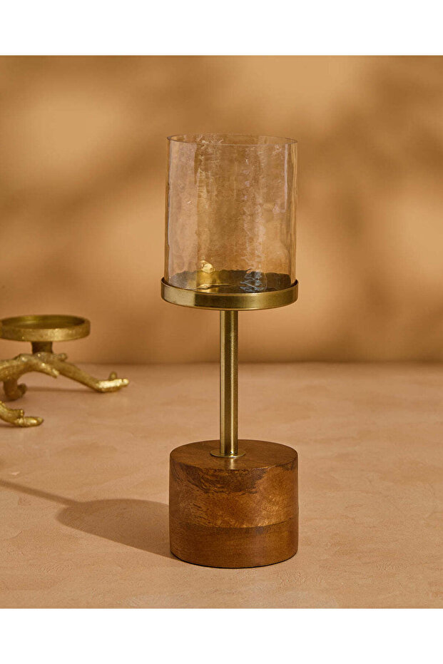 Gold Candle Holder with Wooden Base – Medium (28 × 10 cm)