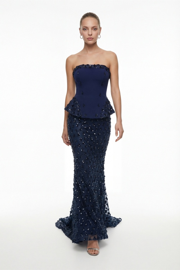 Women's Navy Blue Slim Fit Strapless Neck Sequined Long Evening Dress