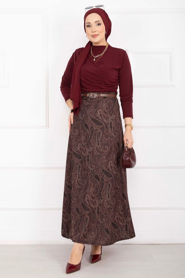 Shawl Pattern Scuba Skirt Burgundy