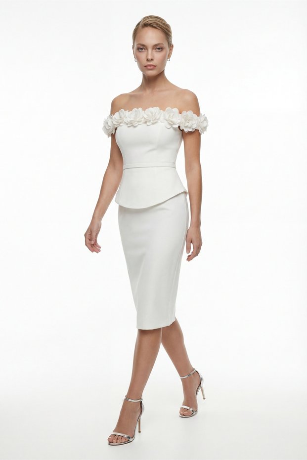 Women's White Boat Neck Floral Detailed Midi Promise Engagement Wedding Evening Dress
