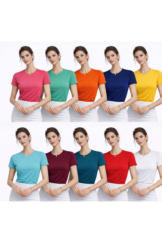 Advantageous 10-Piece Set Women's 0-Neck T-Shirt Plain Short Sleeve Basic Comfortable Regular Fit Quality T-Shirt