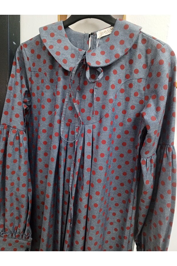 tesettür puantiyeli kot elbise - 4