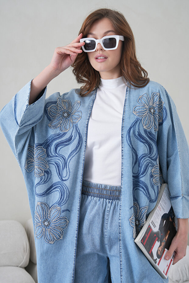 Women's Front Embroidered Beaded Denim Kimono Cardigan and Jeans Two-Piece Set