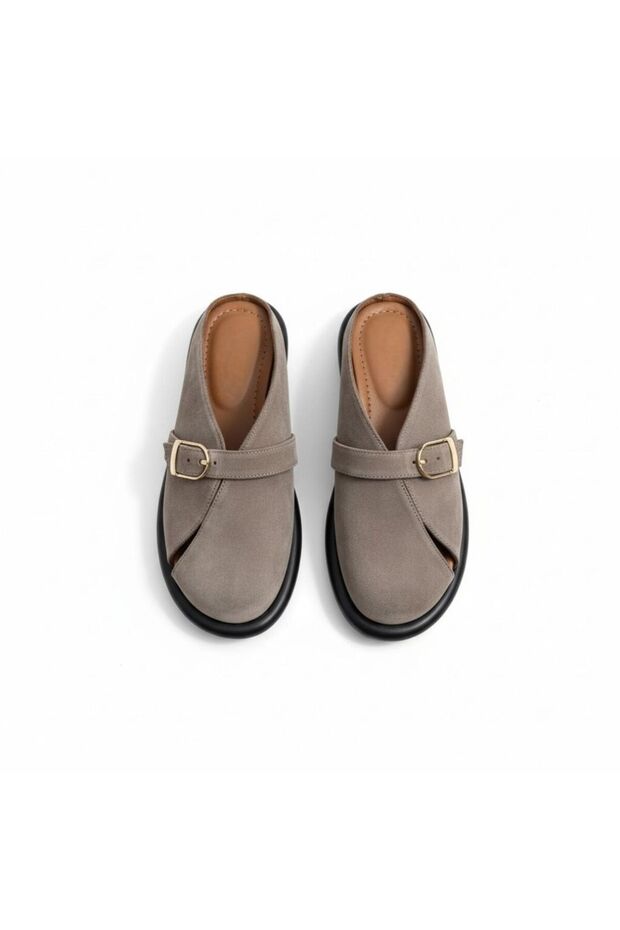Mink Suede Genuine Leather Buckle Women's Daily Comfortable Sabo Slippers