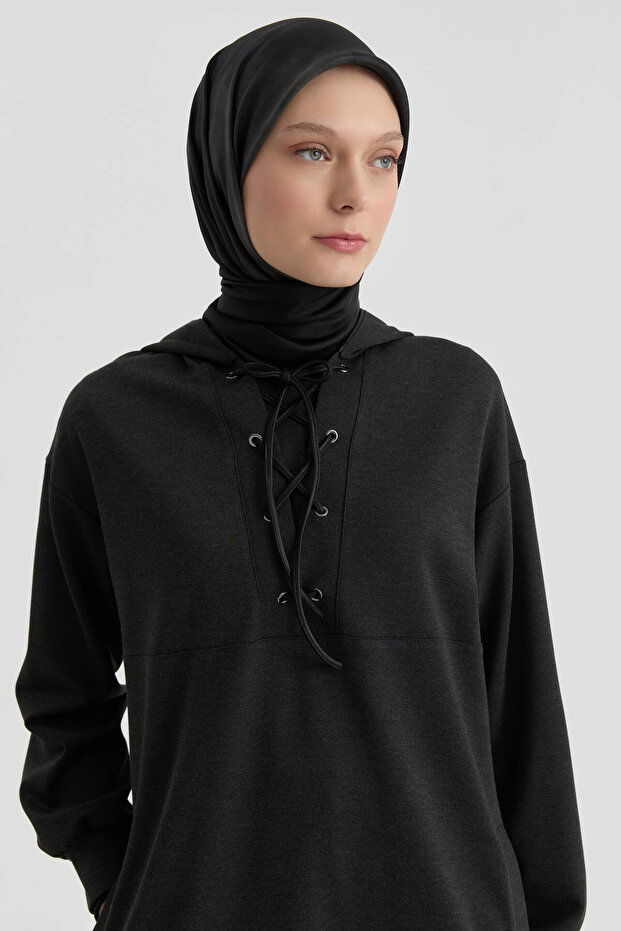 Deri Kombinli Örme Sweat - Antrasit - 3