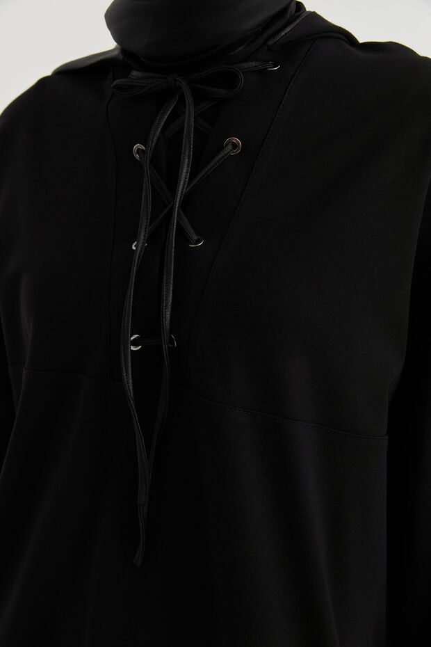 Deri Kombinli Örme Sweat - Siyah - 5