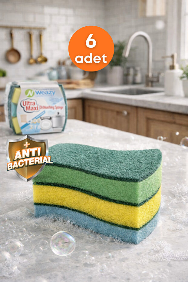 6 Pieces of Ultra Maxi Mega Size Dishwashing Sponge – Powerful Cleaning & Durable Texture