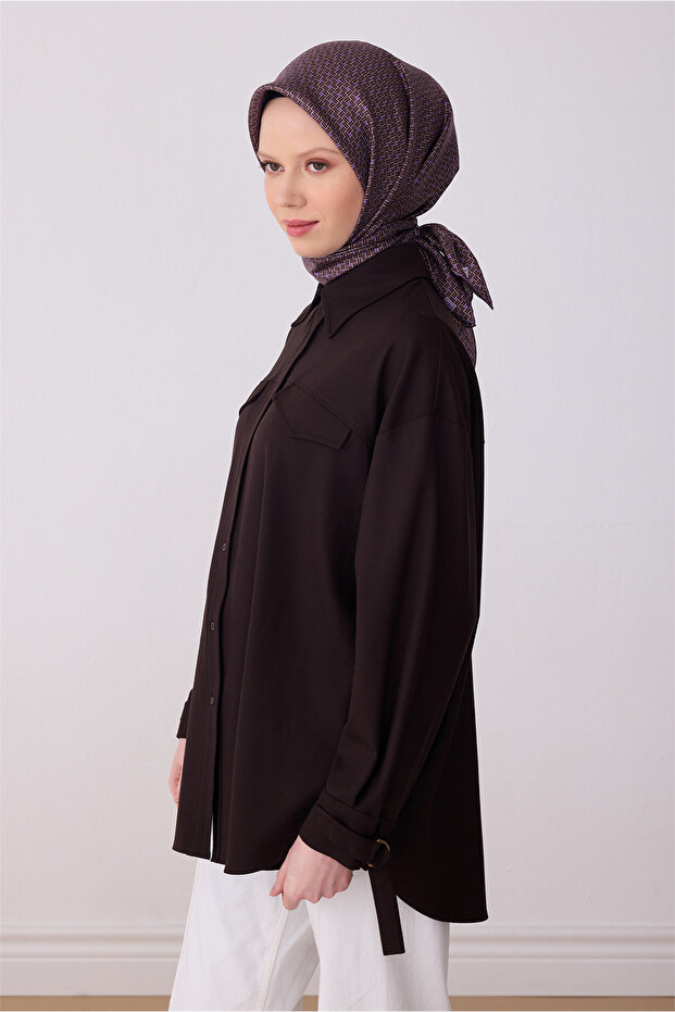 وشاح حريري بنمط كلاسيكي بني اللون 100% من التويل 4317 - 34