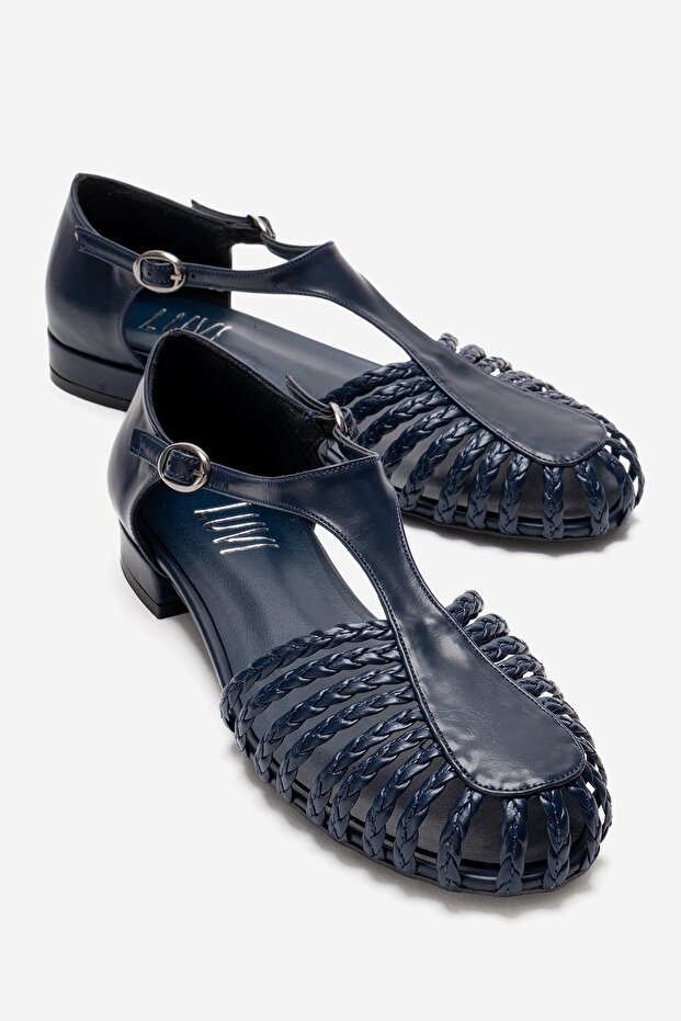 Onos Navy Blue Knitted Detailed Women's Sandals