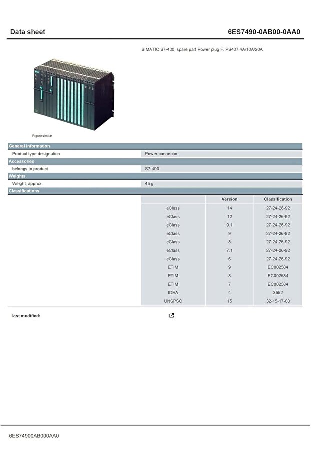 6ES7490-0AB00-0AA0 SIMATIC S7-400 Power Plug F