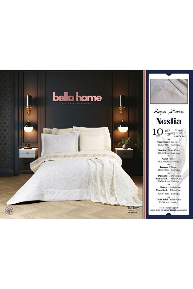 10 Piece Neslia Luxury Dowry Set | 100% Cotton | Stylish & Elegant Design | Soft Textured | Cream