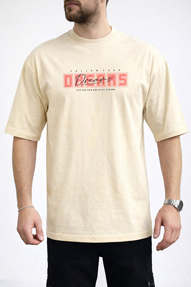 Men's Follow Your Dreams Text Printed Crew Neck Beige T-Shirt