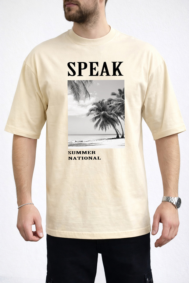 Men's Modern Summer Themed Speak Text Printed Crew Neck Beige T-Shirt