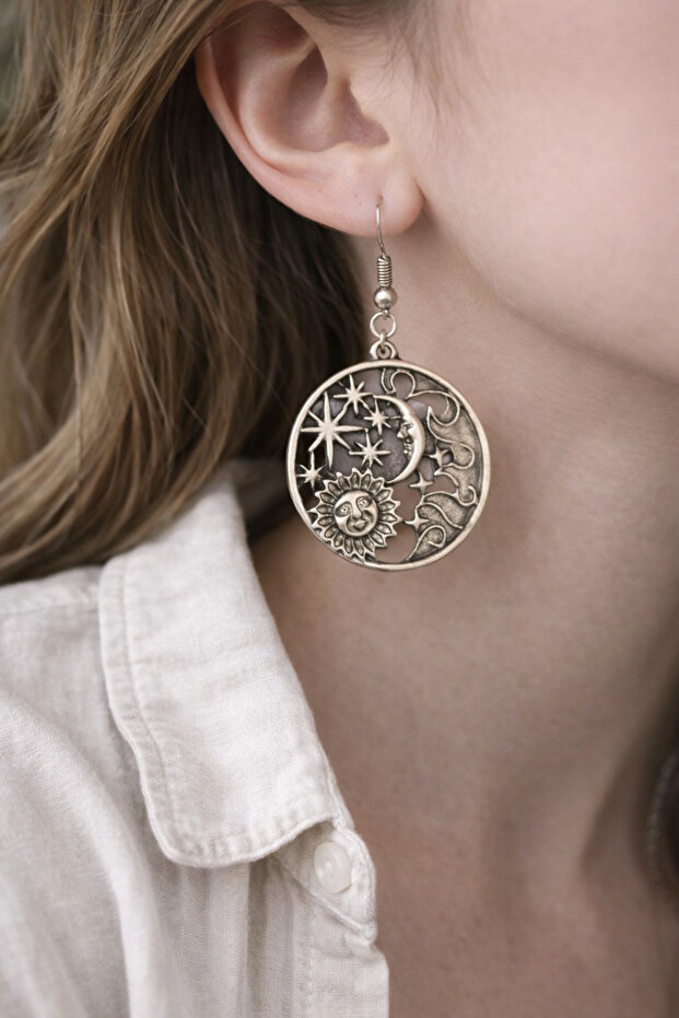 Round Metal Earrings with Sun and Moon Figures