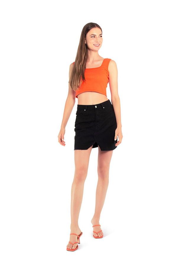 Women Black Split Distressed Denim Mini Skirt