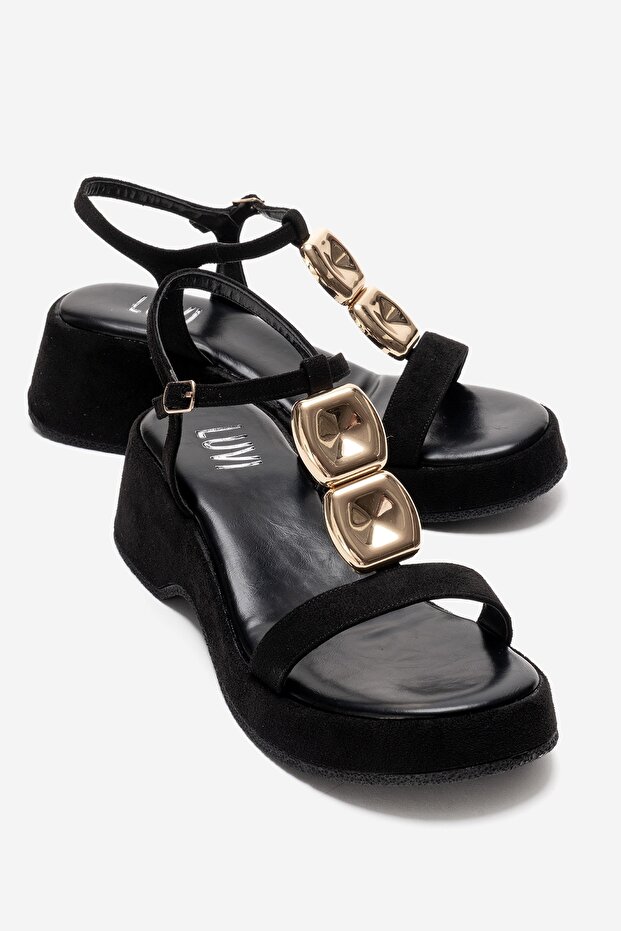 Matt Black Suede Buckle Wedge Sole Women's Sandals