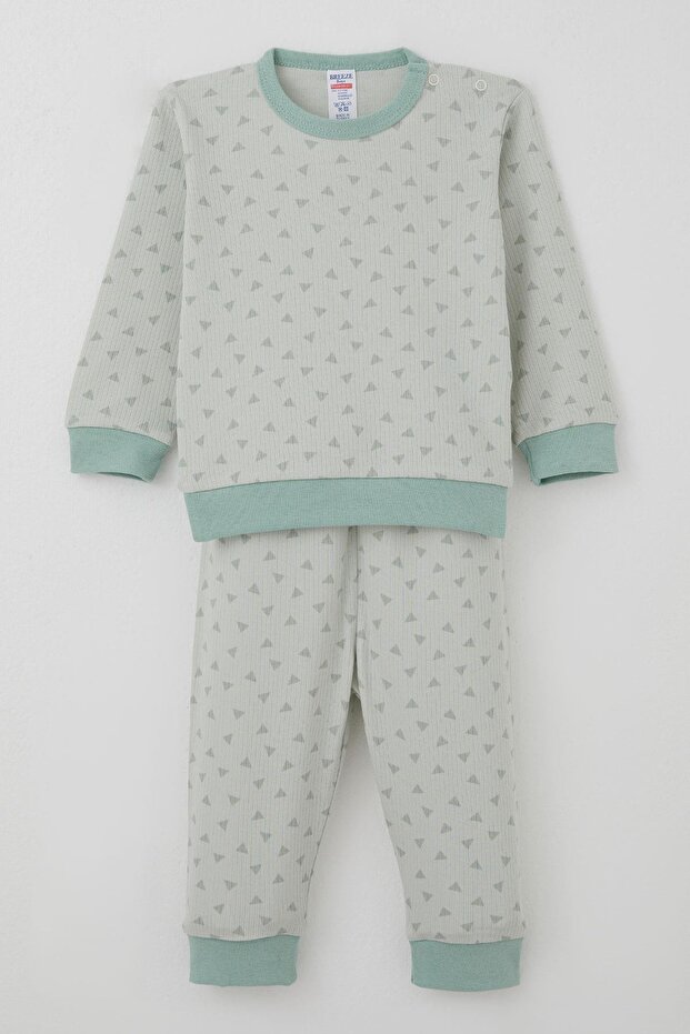 Baby Boy Pajama Set with Shoulder Patches, Mini Triangles Pattern, 4 Months-1 Year, Water Green
