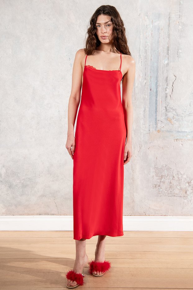 Isabella red strappy midi satin nightdress with lace detail