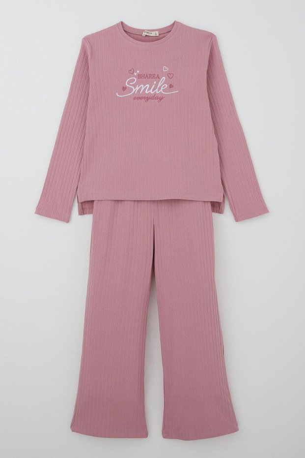 Girl's Pants Set with Lettering & Heart Embroidery, with Bow Accessories, 4-8 Years Old, Dried Rose Color