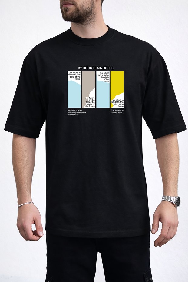 Men's My Life Is of Adventure Text Printed Crew Neck Black T-Shirt