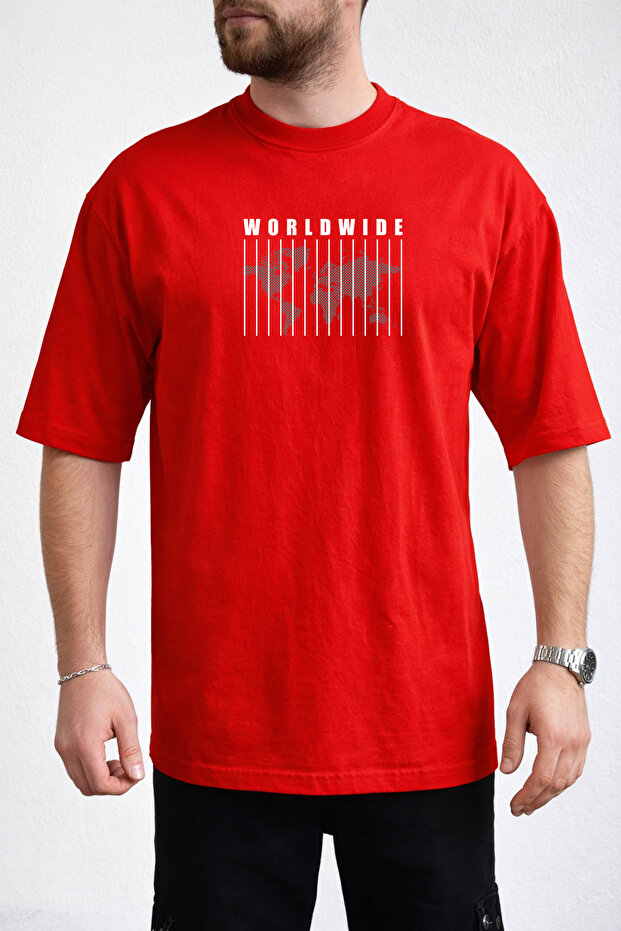 Men's World Map and Vertical Line Design Crew Neck Red T-Shirt