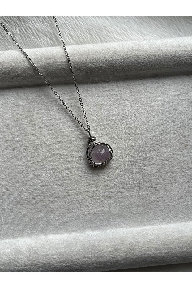 Raw Amethyst Stone Steel Spiral Necklace Handmade (Last Piece)