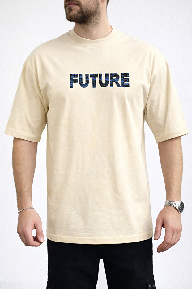 Men's Future Text Printed Crew Neck Beige T-Shirt