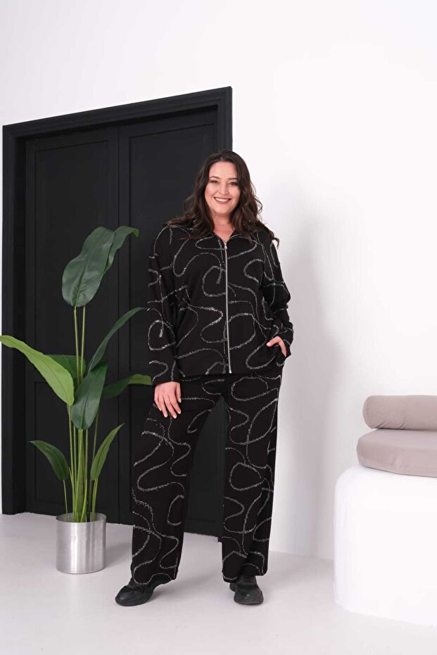 Women's Plus Size Black, Stone Detailed, Zipper Closure, Hooded Tracksuit Set 65N39389