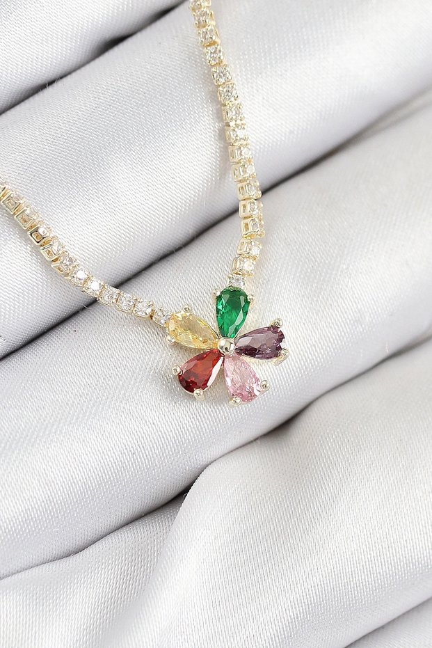Brass Zircon Stone Watercourse Asorti Flower Model Gold Color Women's Necklace