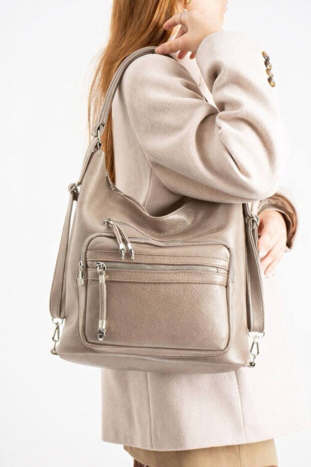 Soft Multi-Compartment Faux Leather Backpack and Shoulder Bag
