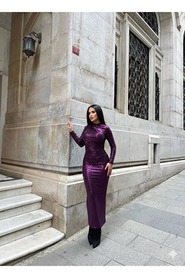 Kadın Mor Pullu Drapeli Esnek Şık Elbise - 1