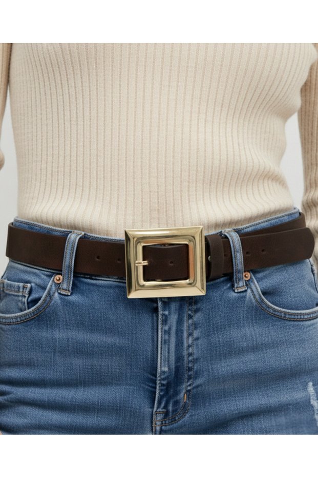 Women's Bitter Brown Big Square Gold Buckle Faux Leather Belt Be3020