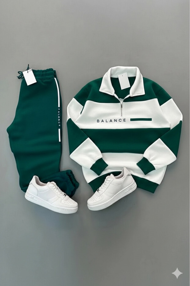Unisex/ Men's Balance Printed Tracksuit Set Green Polo Collar Sweatshirt