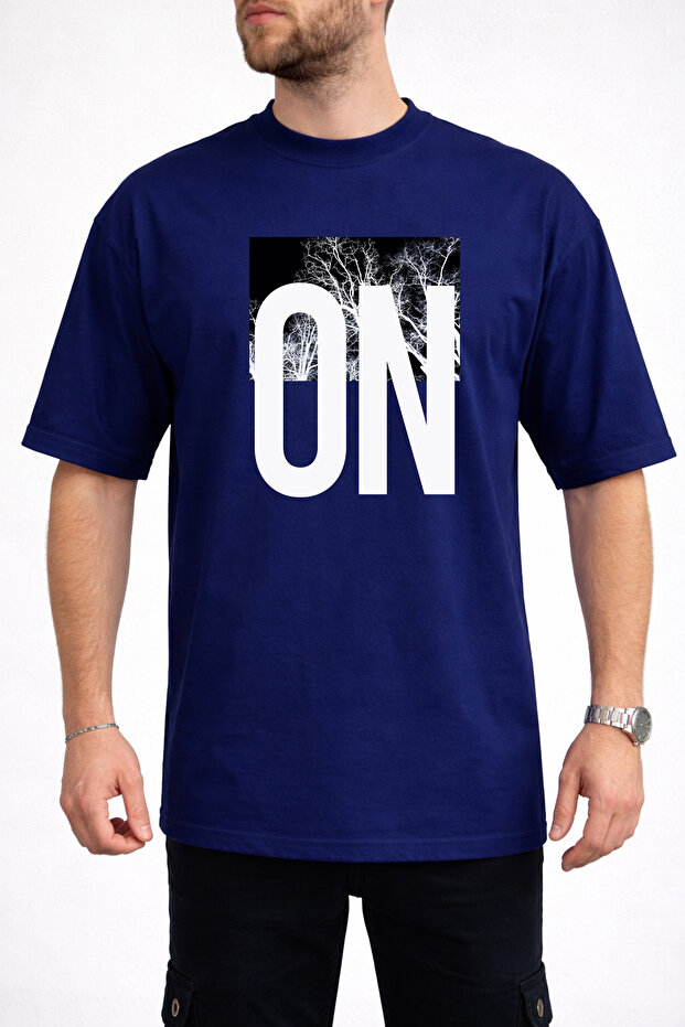 Men's Nature Themed on Text Printed Crew Neck Navy Blue T-Shirt