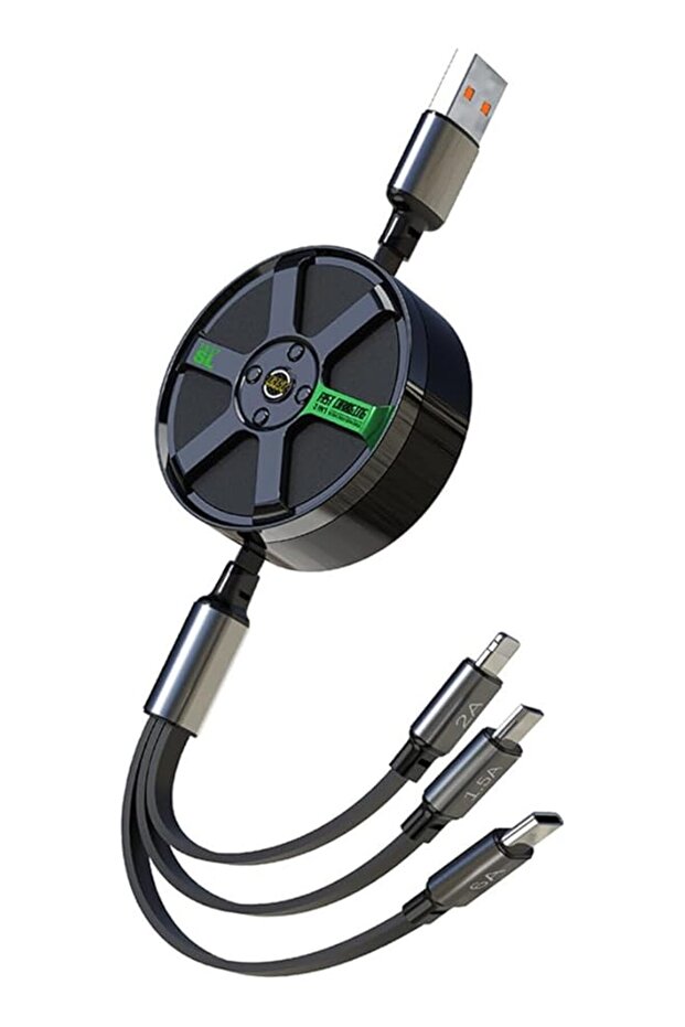3 in 1 Multi Charging Cable 120W Retractable Fast Charge USB Cable, Type C/Lightning/Micro USB, Comp