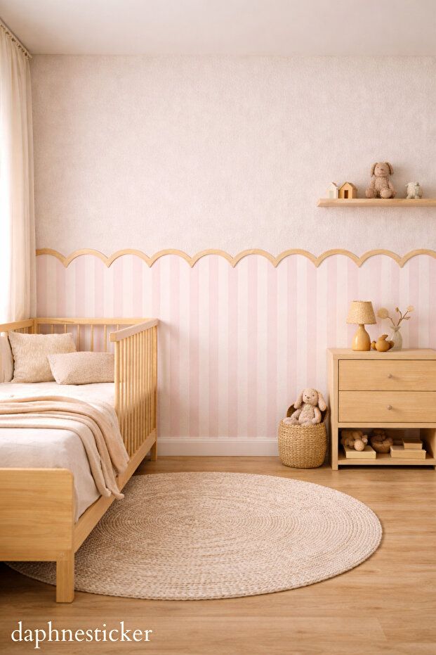 Slatted Wall Sticker Pink White + Wavy Wooden Slat | Scandinavian Boho Baby/Children's Room Decor
