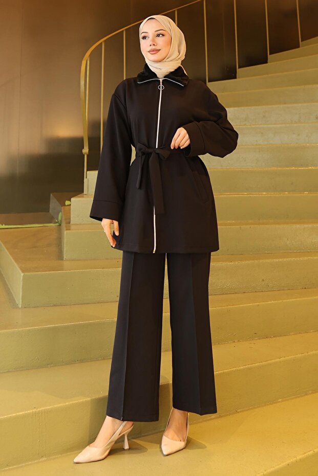 Collar Fur Detailed Suit Black 19385