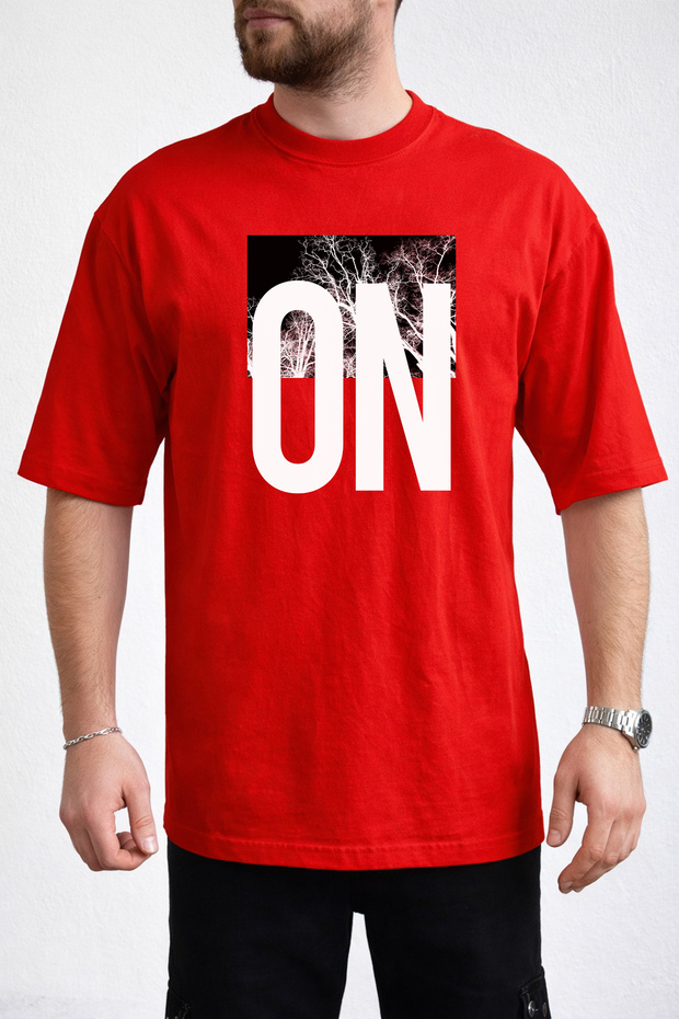 Men's Nature Themed on Text Printed Crew Neck Red T-Shirt